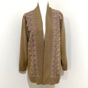 Maurada Taupe Open Front Cardigan Sweater Crochet Lace & Pearl Appliques Size XL